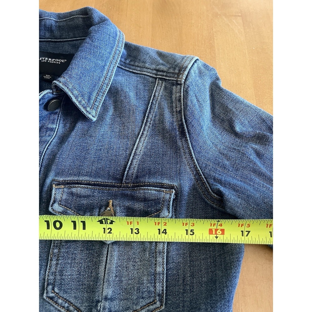 Women's Liverpool Jeans Company Long Denim Jacket Sz XS Tapered Waist Buttons - Picture 7 of 11
